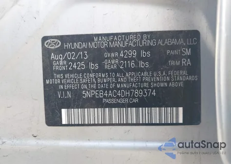 2013 Hyundai Sonata Gls z USA, uszkodzony, nr VIN 5NPEB4AC4DH789374